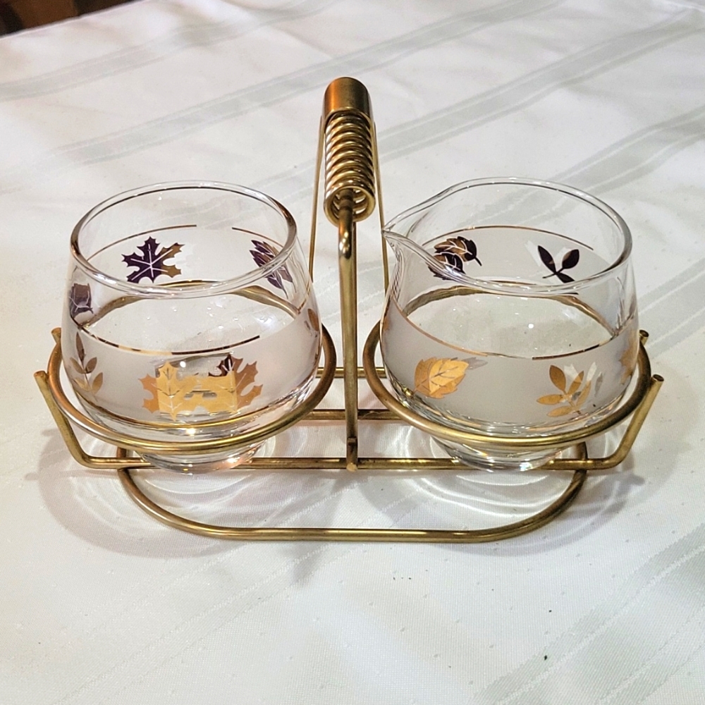 Libbey Gold and Purple Leaf Glass Salt & Pepper Set with Carrier
